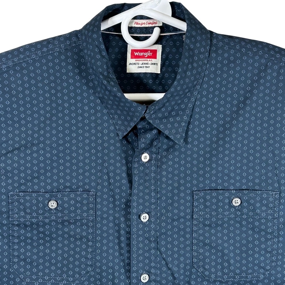 Wrangler Flex for Comfort Mens 2XL Navy Blue Geometric Print Button Down Shirt